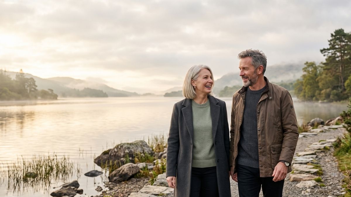 A couple walking beside a lake in soft morning light