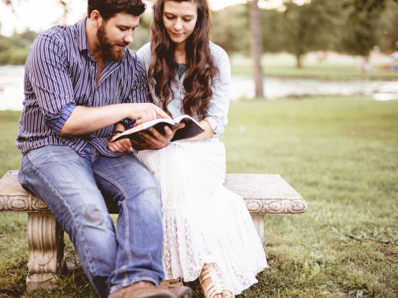 A couple sitting on a park bench reading together