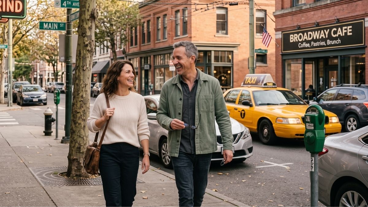 A couple walking and talking along a city street