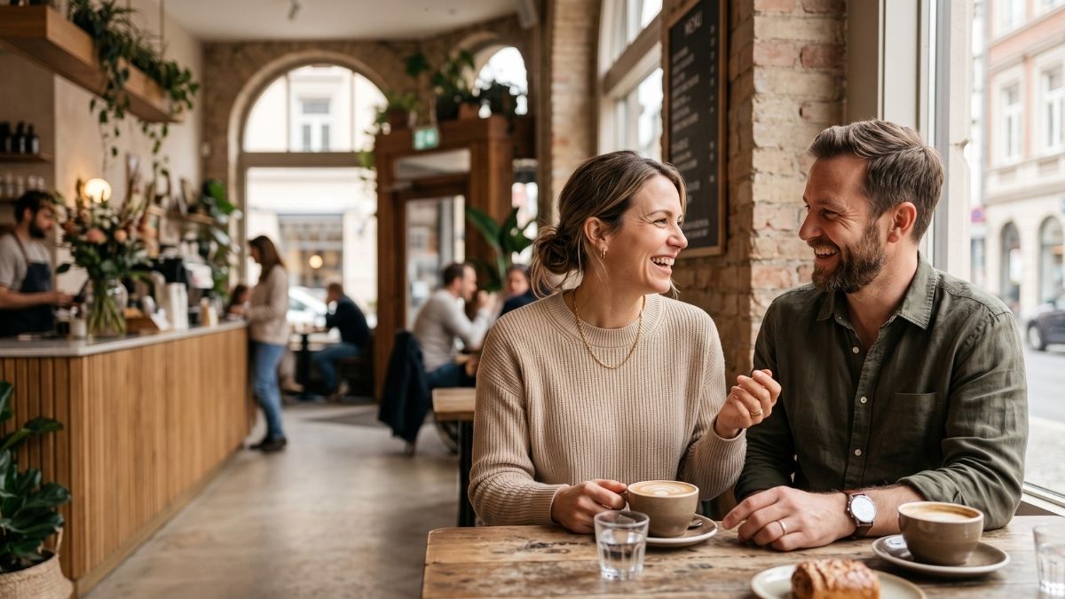 A couple talking over coffee in a cafe