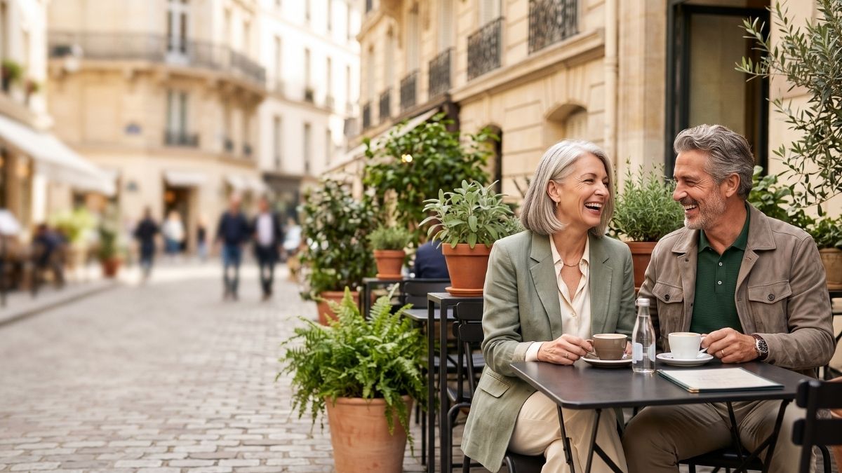A couple in their fifties talking over coffee at a pavement cafe