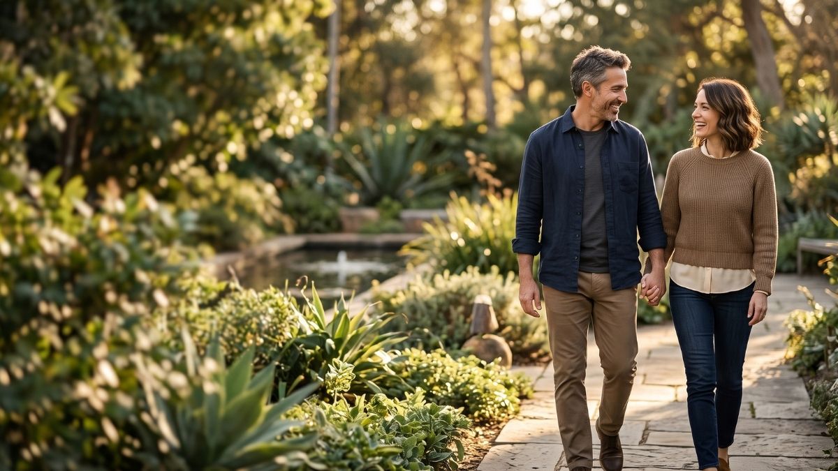 A couple walking together through a sunlit garden