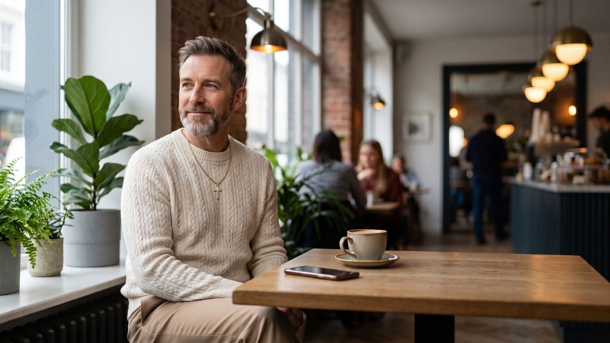 A man reading his phone at a cafe table