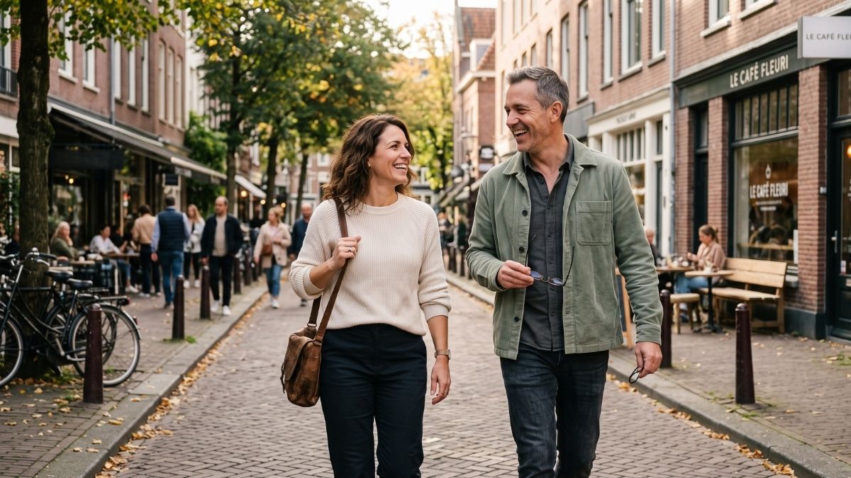 A couple laughing as they walk along a cobbled street