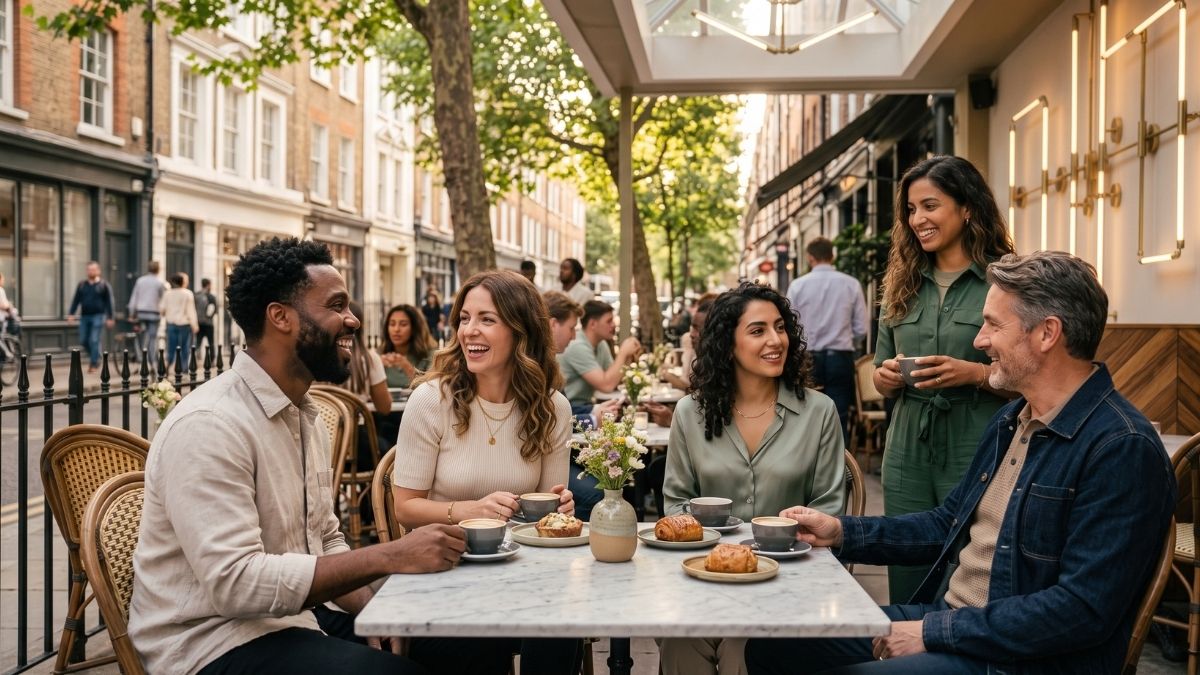 Four friends talking around a table outside a cafe