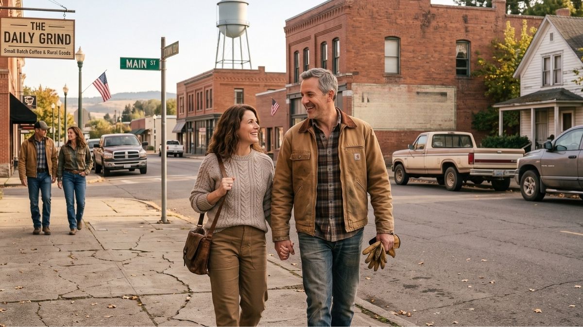 A couple walking together along a small town street