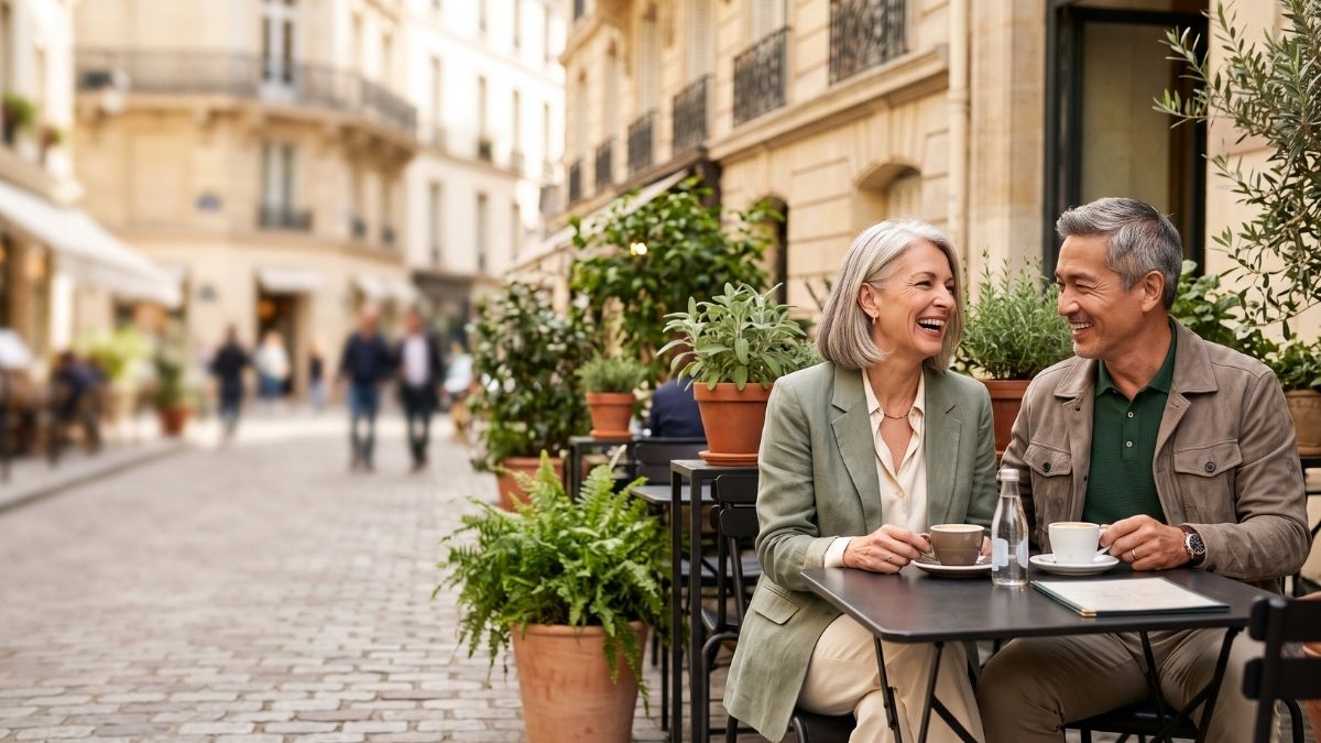 A mature couple talking at a pavement cafe table