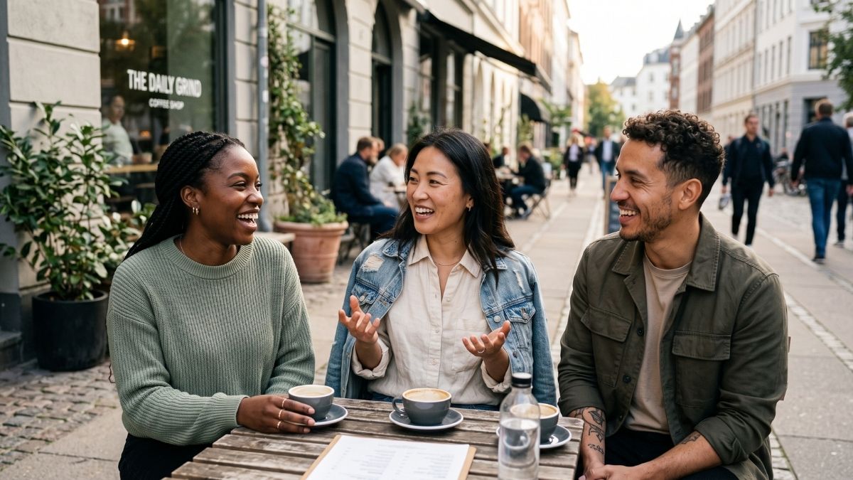 Three friends talking over coffee outside a cafe